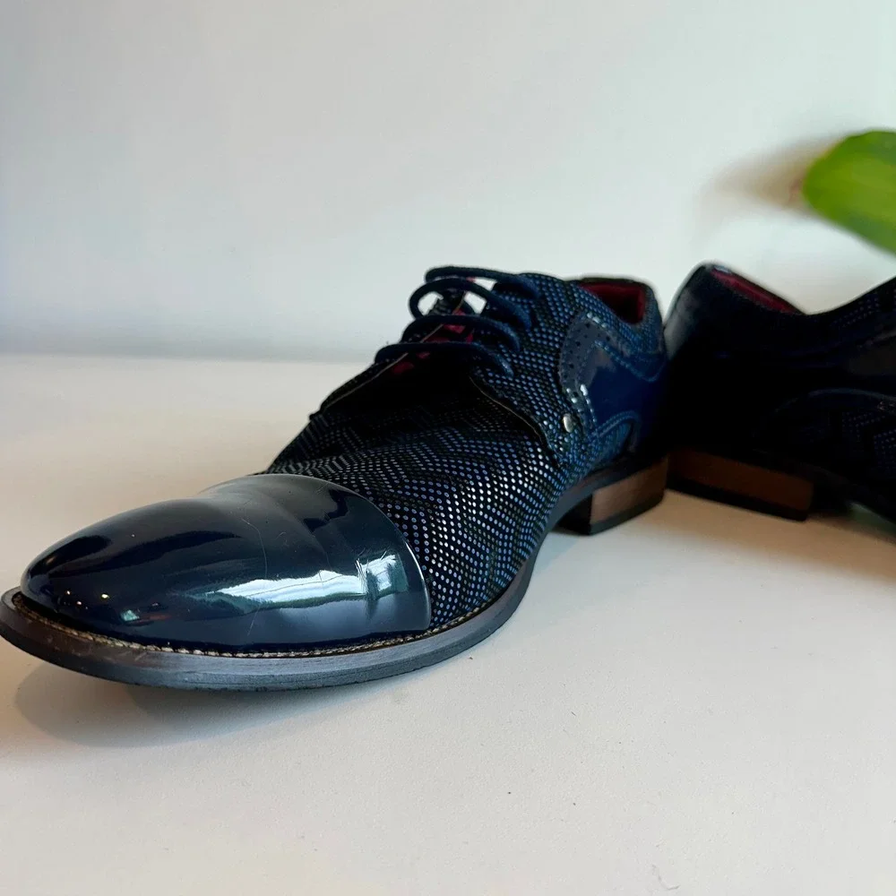 Mens Navy Blue Chevron Pattern Patent Cap Toe Dress Shoes‎ Oxford Size 8.5